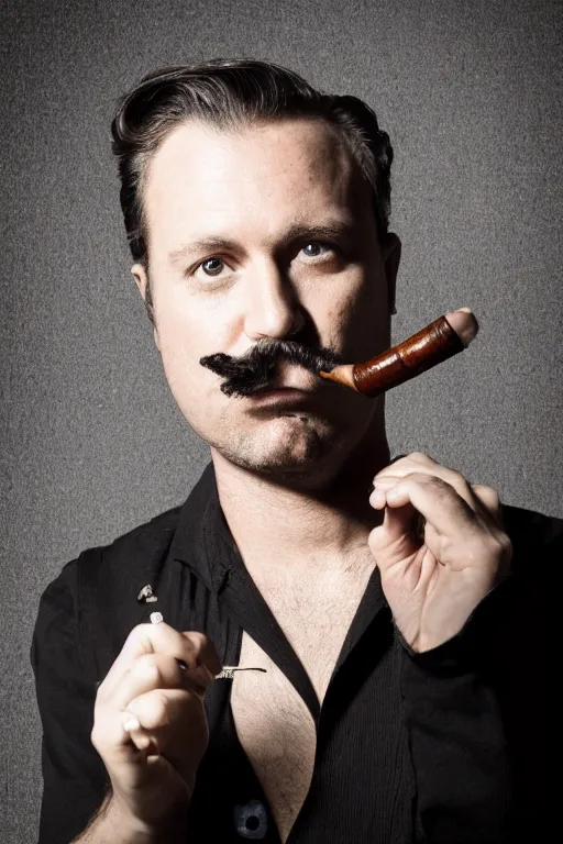 Prompt: mark mann photography, a male portrait, black hair, moustache, smoking a pipe