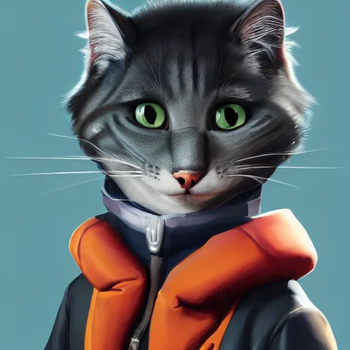 Image similar to Portrait painting an anthropomorphic gray cat smiling wearing a jacket and a collar, as an Overwatch character, medium shot, asymmetrical, profile picture, Organic Painting, sunny day, Matte Painting, bold shapes, hard edges, street art, trending on artstation, by Huang Guangjian and Gil Elvgren and Sachin Teng