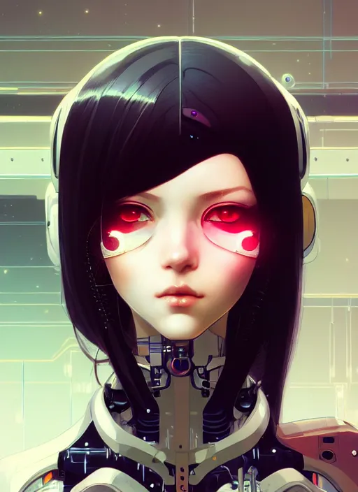 Prompt: portrait of beautiful young cyborg anime maiden, cute-fine-face, pretty face, realistic shaded Perfect face, fine details. Anime, cyberpunk, Warhammer, highly detailed, artstation, illustration, art by Ilya Kuvshinov and Gustav Klimt