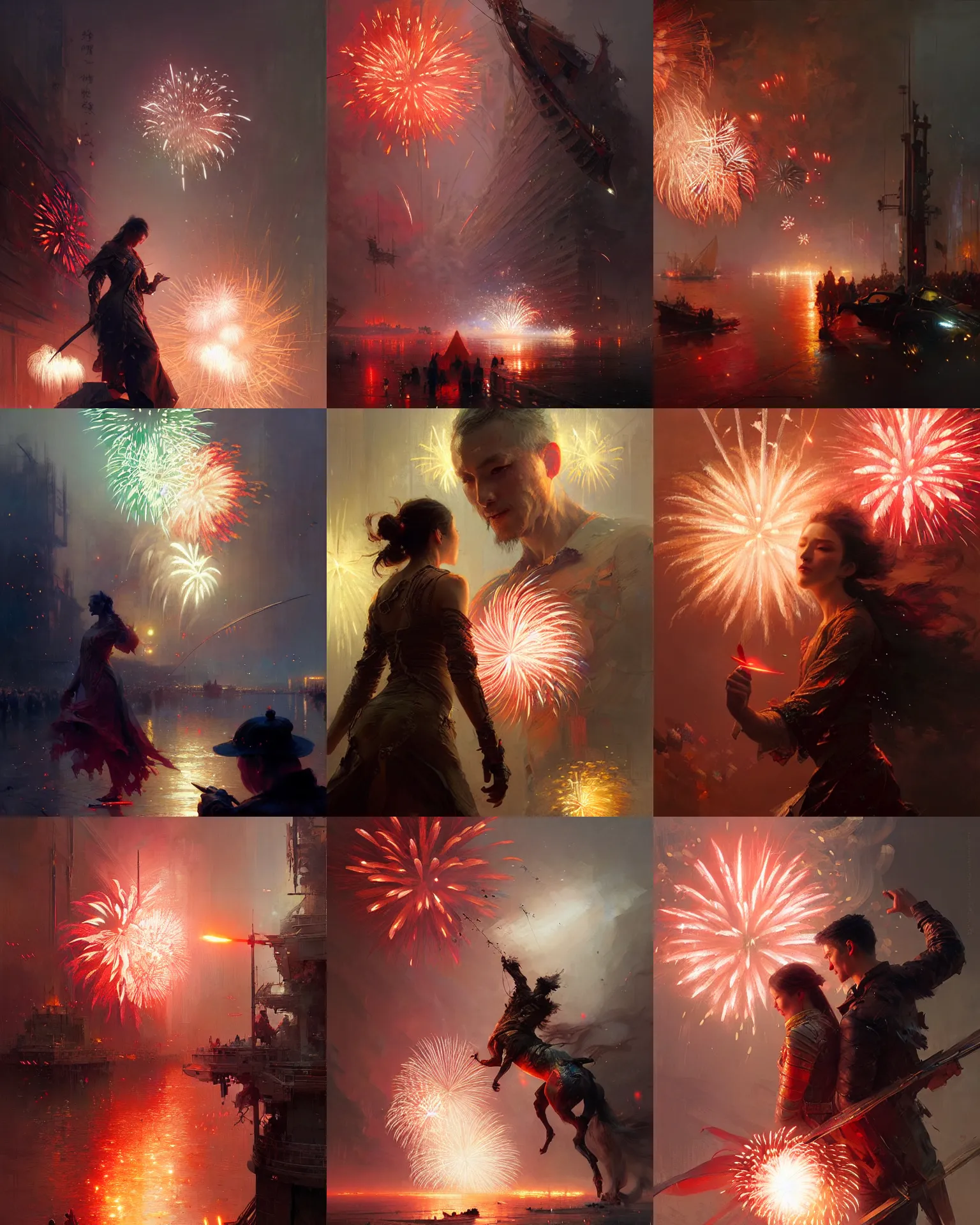 Prompt: romantic fireworks, intricate, sharp focus, illustration, highly detailed, digital painting, concept art, matte, art by ruan jia and wlop and greg rutkowski, masterpiece