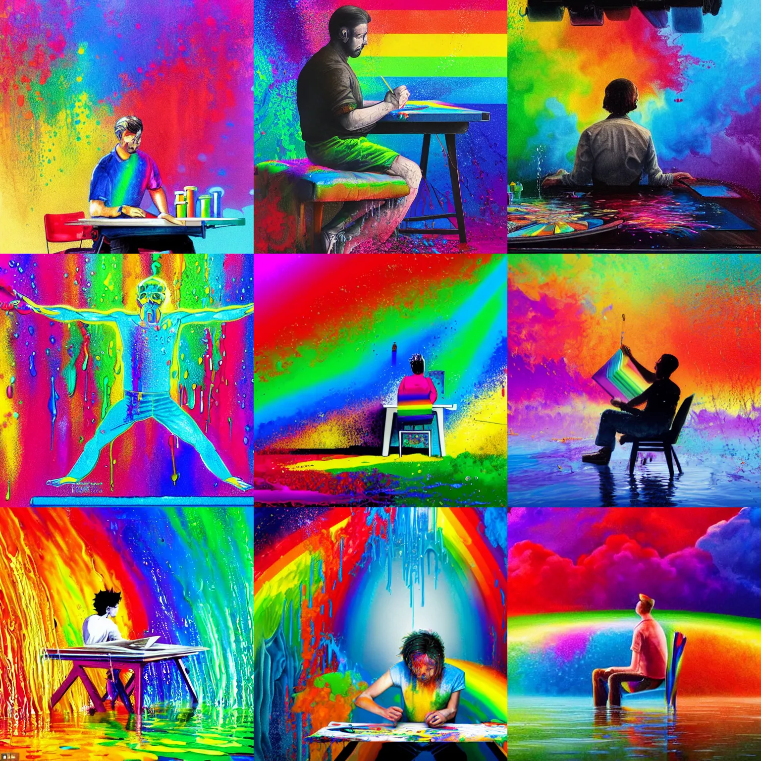Prompt: an artist sits at a drafting table. his legs are submerged in rainbow fluid. the room is flooded with rainbow fluid. the artists canvas is blank. atmospheric award winning illustration by a famous illustrator