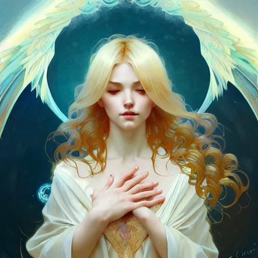 Prompt: An angelic girl with blonde hair, glowing halo, huge highly detailed wings, surrounded by foxes, fantasy, intricate, elegant, highly detailed, digital painting, artstation, concept art, smooth, sharp focus, illustration, art by Krenz Cushart and Artem Demura and alphonse mucha