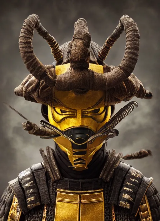 Image similar to samurai portrait, symmetrical face, wearing mempo mask scorpion mortal kombat mask, after a battle, dirt and unclean, extreme detail, cinematic, dramatic lighting render, photorealism photo by national geographic, tom bagshaw, masterpiece