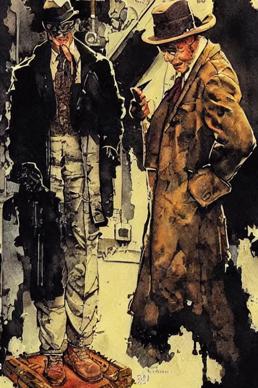 Image similar to Rorschach and The Comedian aka Edward Morgan Blake from the movie Watchmen painted by Norman Rockwell, Greg Rutkowski and Dave Gibbons, high detailed perfect faces, trending on Artstation, page scan from book, fine details