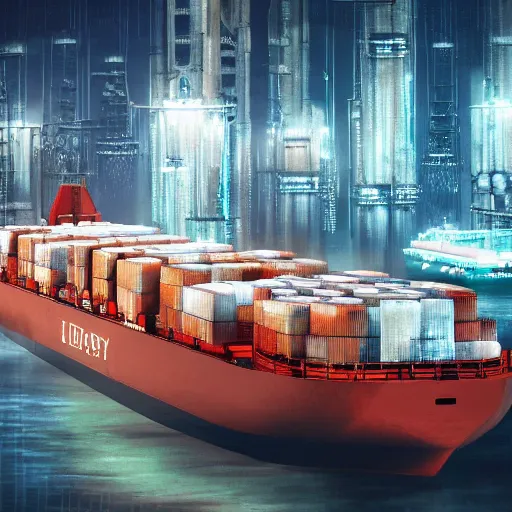 Image similar to photo of Immense industrial futuristic cargo ship arrives at cyber punk city sea port, cinematic lighting, photo