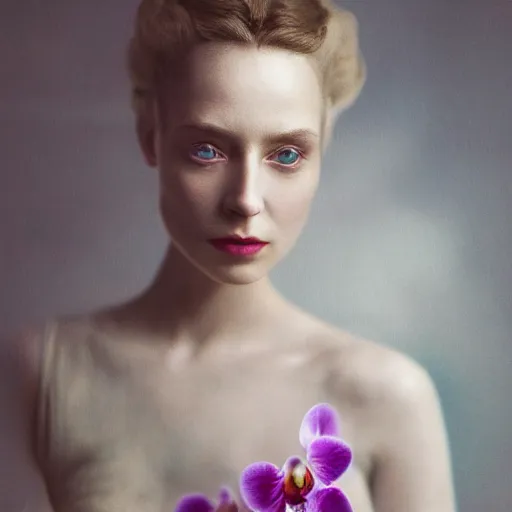 Image similar to long shot kodak portra 4 0 0, 8 k, volumetric lighting, highly detailed, britt marling style 3 / 4, fine art portrait photography in style of paolo roversi, orchid, orchid flower, 3 d render 1 5 0 mm lens, art nouveau fashion royalty, elegant, hyperrealistic ultra detailed, 8 k