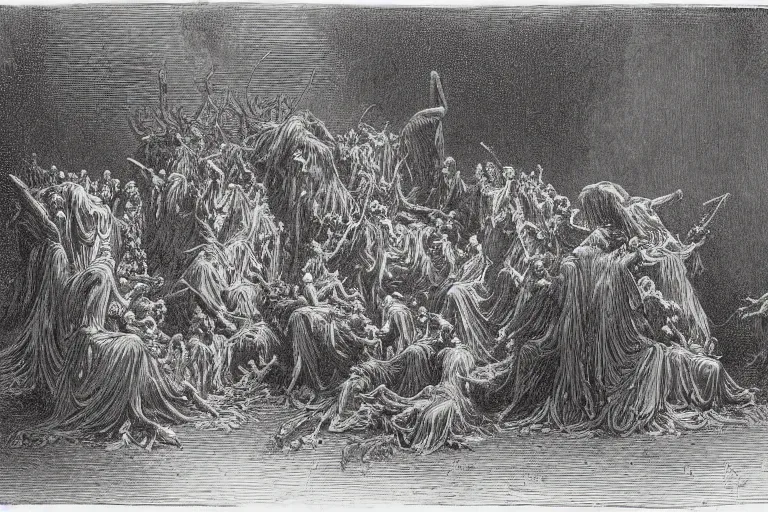 Image similar to demons eating cake, Gustave Dore lithography