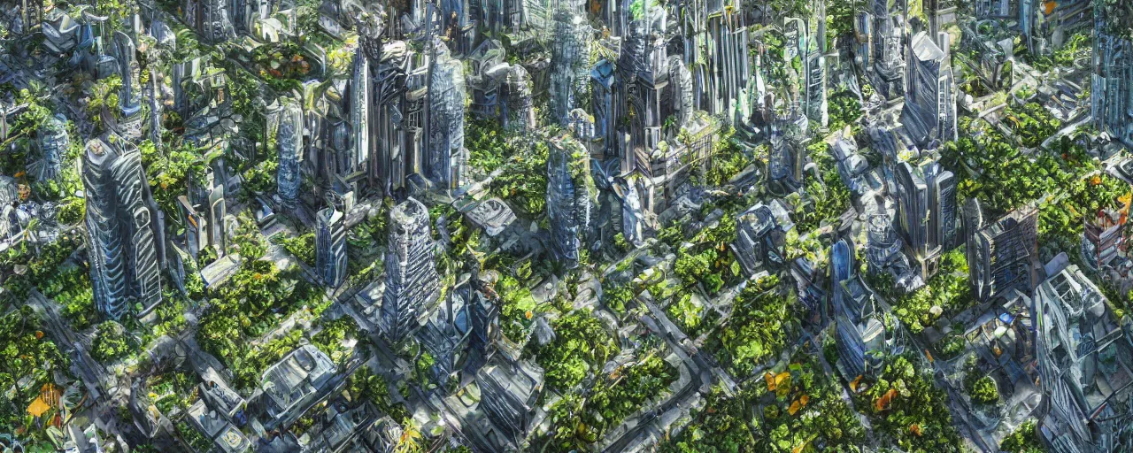 Prompt: a futuristic yet traditional metropolis city in a utopia, matte painting, digital painting, intricate, small details, national geographic cover, award winning, 4 k, botanical garden, lush, bright, clear, smooth,