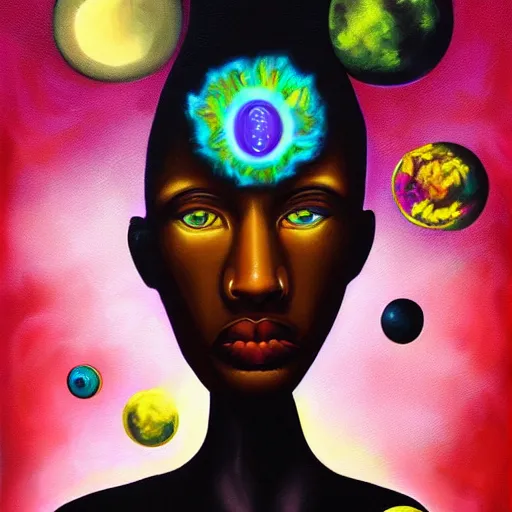 Image similar to afrofuturistic techno mage, dark fantasy, occult, high quality surrealist painting