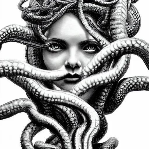 Image similar to medusa portrait painting, black and white, arstation, detailed, blurred background