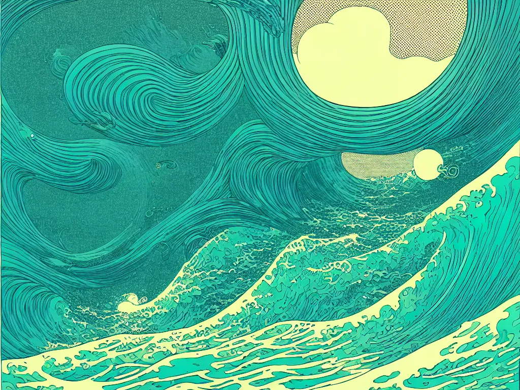 Image similar to ocean wave by balmy enso, jamie hewlett, nicolas delort, moebius, victo ngai, josan gonzalez, kilian eng