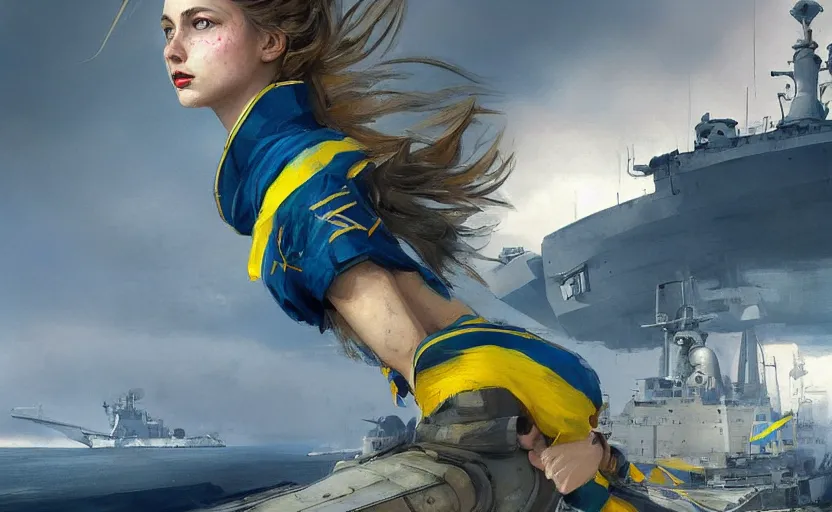 Prompt: front view of a Ukrainian girl in national clothes with blue and yellow stripes in her hair standing against a huge warship ready to fight, concept art, highly detailed, smooth, sharp focus, illustration, art by Greg Rutkowski, trending on Artstation