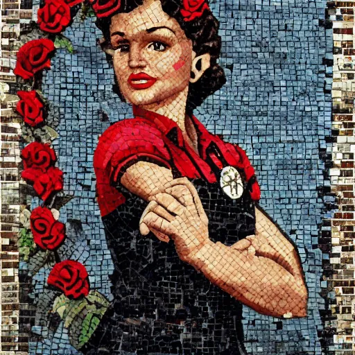 Image similar to rosie the riveter joined the communists, red rose, antifa, on roman mosaic, by Banksy