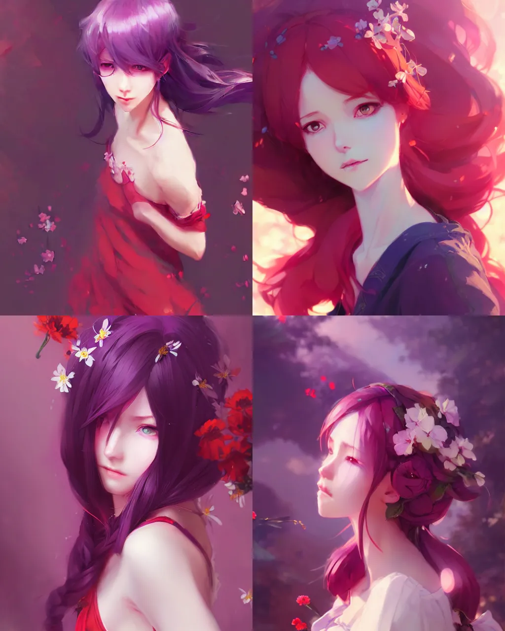 Prompt: girl with purple hair and red clothing, flower decoration on the background, a beautiful half body illustration, top lighting, perfect shadow, soft painting, art by hidari and krenz cushart and wenjun lin