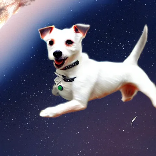 Prompt: white jack russell terrier, flying in space in a helmet, photorealism, digital painting, 4 k