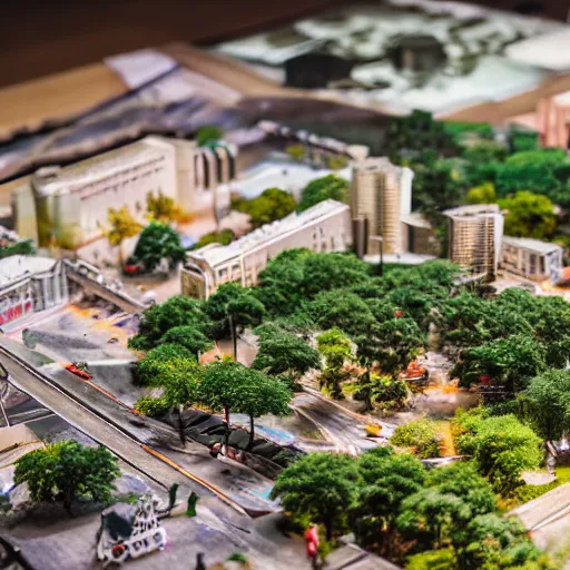 Image similar to a detailed photo of a diorama city, macro photography, zoom, model trees, table, studio lighting