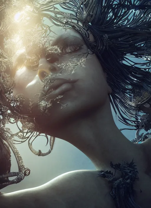 Prompt: sumptuous biomechanical masterpiece incredible hair, crystalline incrustations, hyperdetailed face, elegant pose, movie still, intricate, octane render, cinematic forest lighting, cgsociety, unreal engine, crepuscular rays, god rays