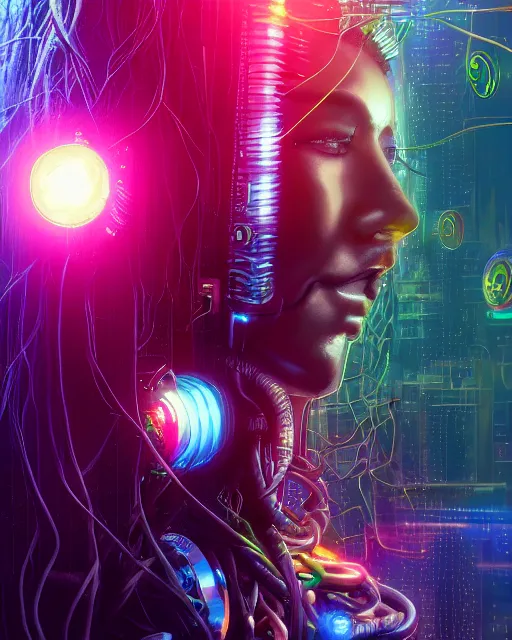 Image similar to a cyberpunk close up portrait of cyborg medusa, electricity, rainbow, snakes in hair, sparks, bokeh, soft focus, skin tones, warm, daylight, geometric, by unreal engine, paul lehr, jesper ejsing