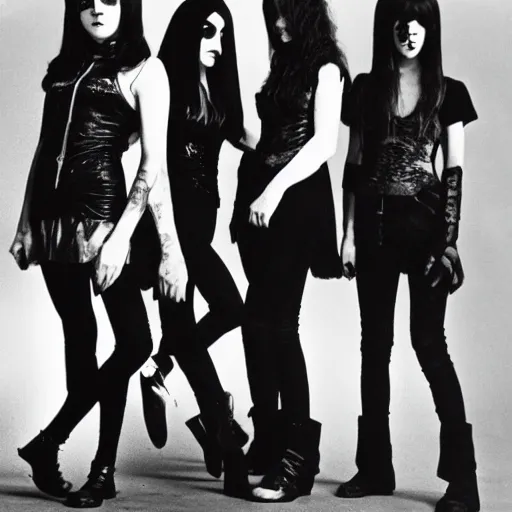 Image similar to group of 2 1 - year - old girls dressed like black sabbath, female rock band, proto - metal, doom metal band promo, 1 9 7 0 photograph