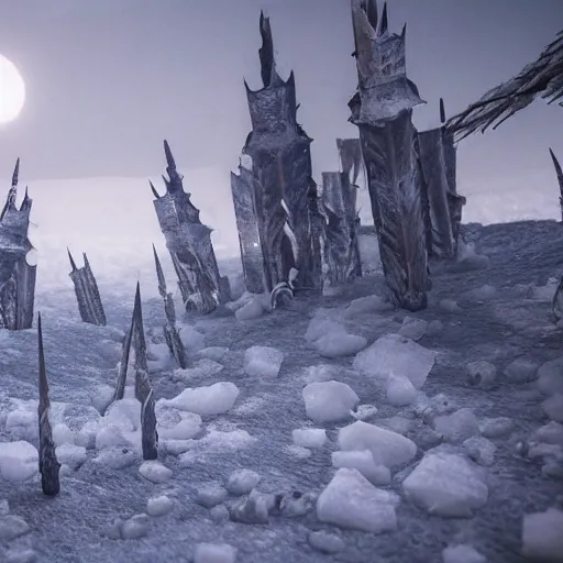 Prompt: highly detailed bloody ice spikes are errupting from the ground by magic, a group of knights in plate - armor impalent by bloody stakes, horrible death on the spot, gloomy lights in the sky, octane render, unreal engine, hyperrealistic