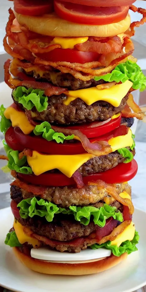 Image similar to a cheeseburger tower made of gigantic stacks of meat patties, bacon, onion rings, tomatoes, lettuce and cheese slices with a bun on each side, delicious looking burger - stack - tower