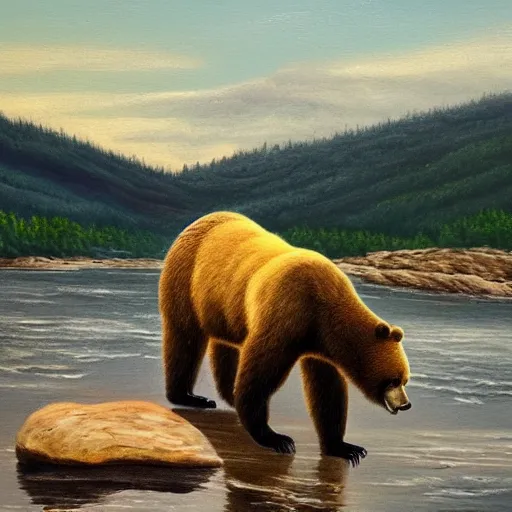 Prompt: oil painting of a bear standing on rocky hill, fast floeing river seen at the bottom