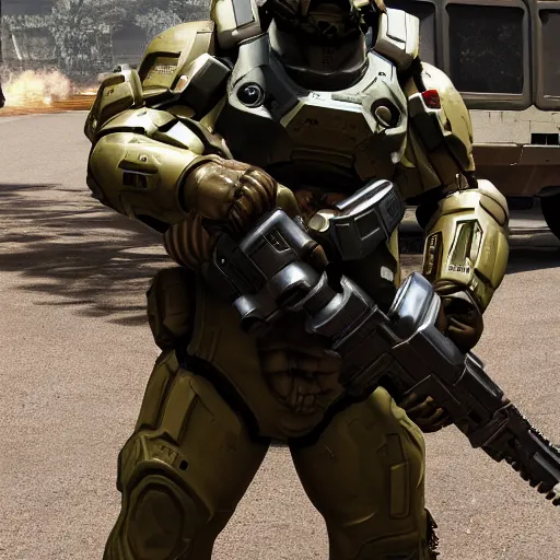 Image similar to doom slayer as american soldier, photography