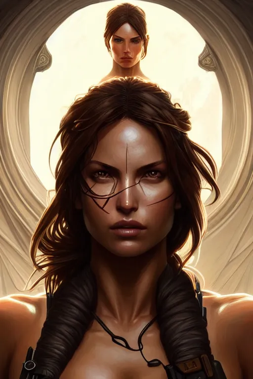 Image similar to symmetry!! intense fanart of lara croft as acotar protagonist, intricate, elegant, highly detailed, my rendition, digital painting, artstation, concept art, smooth, sharp focus, illustration, art by artgerm and greg rutkowski and alphonse mucha