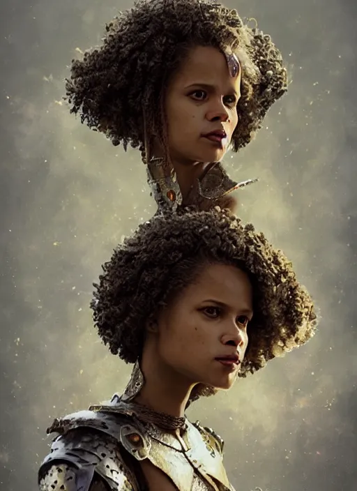 Image similar to portrait of gugu mbatha - raw as a legendary knight warrior, au naturel, hyper detailed, digital art, trending in artstation, cinematic lighting, studio quality, smooth render, unreal engine 5 rendered, octane rendered, art style by klimt and nixeu and ian sprigger and wlop and krenz cushart.