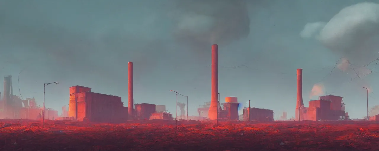 Prompt: the wind pushed the dense fog hanging over glowing bubbling neon orange pool of radioactive waste to form red white charcoal tie dye clouds, in the background the abandoned nuclear plant loomed, digital concept art by Simon Stalenhag, Beeple, Jeffrey Smith, Unreal Engine, 8k HDR