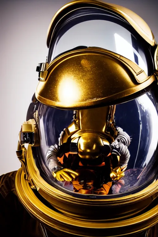 Image similar to extremely detailed studio portrait of space astronaut, tentacle coming out of mouth, helmet is off, helmet i in lap, full body, soft light, golden glow, award winning photo by nasa