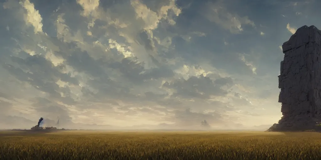 Prompt: wide shot of a monolith floating high above a cornfield, late afternoon, golden hour, highly detailed, smooth, sharp focus, concept art by greg rutkowski and jakub rebelka and ruan jia