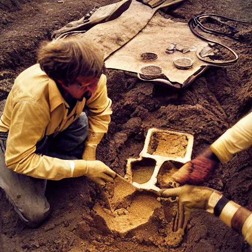 Prompt: happy archaeologists find large amounts of gold during excavation, Kodak porta 400 film stock, 50mm f1.4, sunset