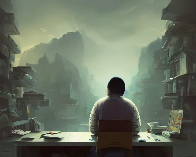 Image similar to an insanely detailed painting of a slightly chubby, nerdy asian man wearing a superhero costume, sitting at a desk, staring at the nervously at the computer and typing, in the style of peter mohrbacher, dramatic lighting and composition, octane render, pixar, trending on artstation, concept art, comic book, view from behind