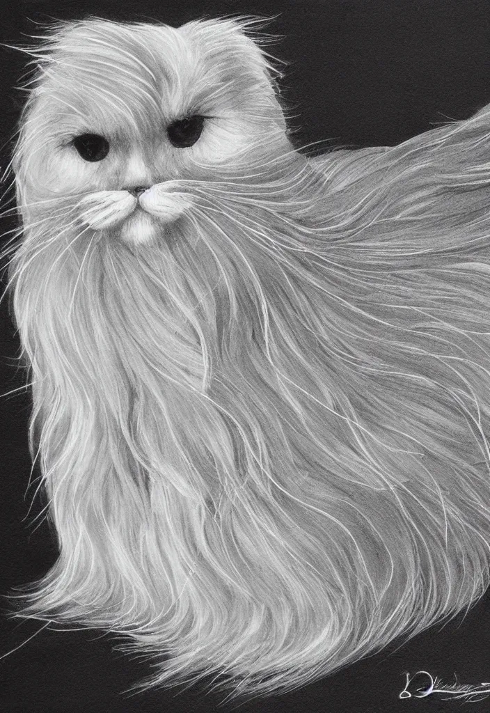 Image similar to longhair floof fluffy coiffed groom elegant gorgeously champion cute pretty scottish fold, radiant line art pen and ink and paint, grisaille dark monochrome with neon color airbrush spraypaint accents