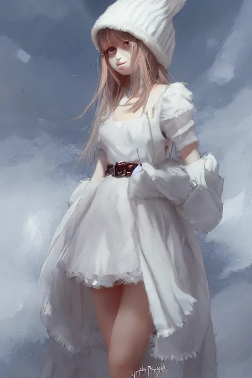 Image similar to cute doll girl big eyed with white dress and fuzzy hat by greg rutkowski and artgerm