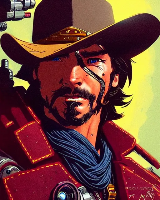 Image similar to mccree from overwatch, cyber space cowboy, character portrait, portrait, close up, concept art, intricate details, highly detailed, vintage sci - fi poster, retro future, vintage sci - fi art, in the style of chris foss, rodger dean, moebius, michael whelan, and gustave dore