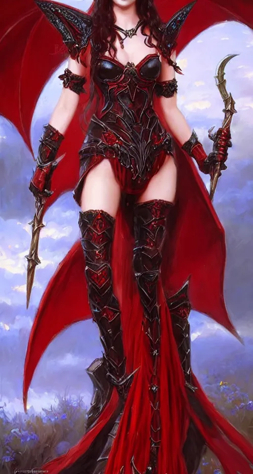 Image similar to Gothic elf princess in red dragon armor by Konstantin Razumov, square crop from the 512x960 full body shot