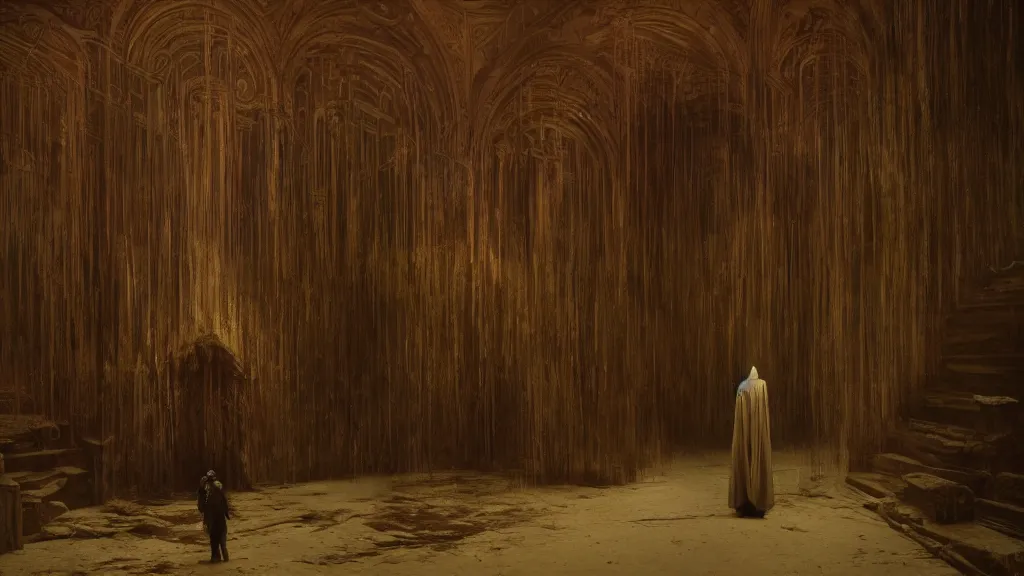 Prompt: a cloaked creature stalks a person through a Victorian theatre , film still from the movie directed by Denis Villeneuve with art direction by Zdzisław Beksiński, medium shot, shallow depth of field,