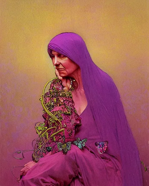 Image similar to purple and pink flowerpunk portrait of a fierce old matriarch by paul lehr, beksinski, alphonse mucha