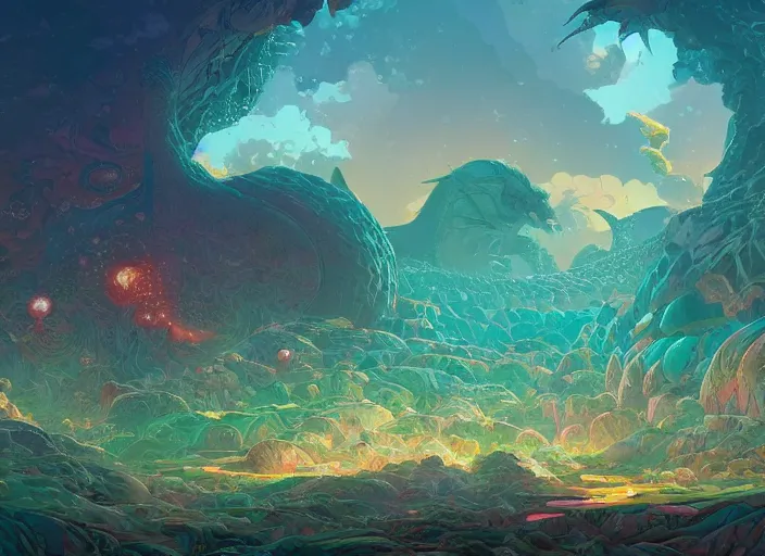 Image similar to psychedelic concept art of a dragon landscape made of thousands of spiraling dragons, cel shaded, in the style of makoto shinkai and moebius and peter mohrbacher and anton fadeev