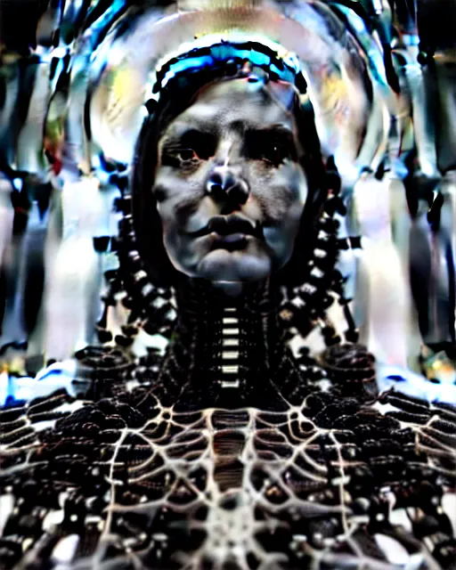 Image similar to black and white cyborg goddess high quality portrait, artificial intelligence, bio-mechanical bio-luminescence, artificial spider web, neurons, nerve cells, octane render, cinematic, hyper realism, high detail, 8k, in the style of Steven Meisel and Dora Maar and H.G. Giger