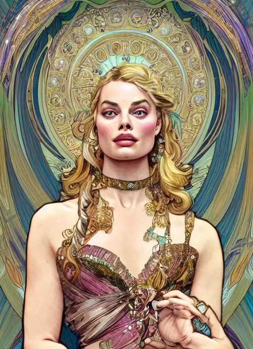 Image similar to Margot Robbie as God of Beauty, cute, fantasy, intricate, elegant, highly detailed, digital painting, 4k, HDR, concept art, smooth, sharp focus, illustration, art by alphonse mucha,artgerm, H R Giger