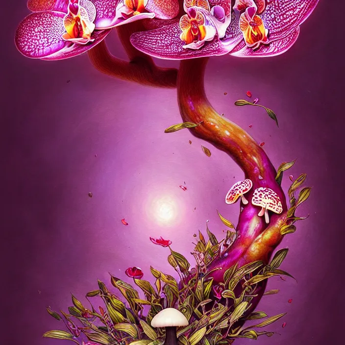 Image similar to extremely psychedelic fetus made of orchid and cherry blossom tree and mushroom, LSD, diffuse lighting, fantasy, intricate, elegant, highly detailed, lifelike, photorealistic, digital painting, artstation, illustration, concept art, smooth, sharp focus, art by John Collier and Albert Aublet and Krenz Cushart and Artem Demura and Alphonse Mucha