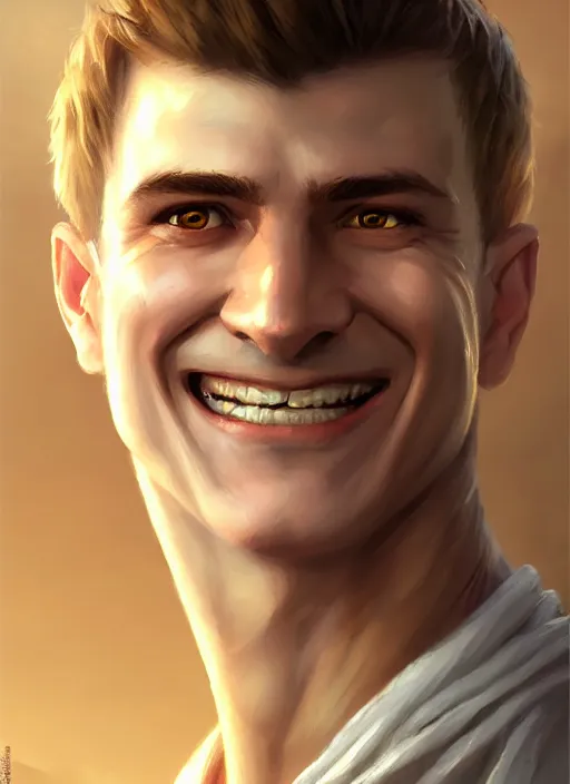 Image similar to a _ fantasy _ style _ portrait _ painting _ of white male short fringe light brown hair short face grinning clean shaven short head, rpg dnd oil _ painting _ unreal _ 5 _ daz. _ rpg _ portrait _ extremely _ detailed _ artgerm _ greg _ rutkowski _ greg