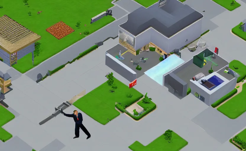 Prompt: bill gates pissing his pants in the sims 2, pc screenshot, zoomed out top down view