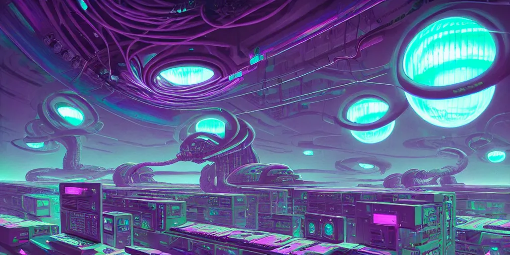 Prompt: massive iridescent brains powering a server room, connected to cables and a powerfull mothership, vintage soft grainy, dark synthwave, in the style of Oscar chichoni and Peter mohrbacher and Dawid planet