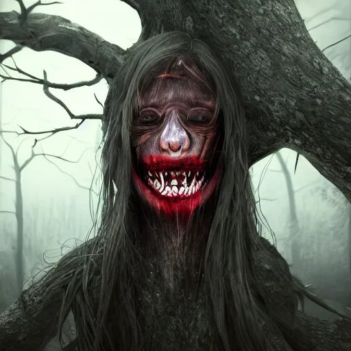 Prompt: A realistic detailed photo of a creepy witch, red eyes, dead skin, dead trees, detailed body, teeth filled with cavities, foggy landscape, creepy, light particles, detailed light, realistic shaders, trending on artisation, detailed textures, detailed, realistic.