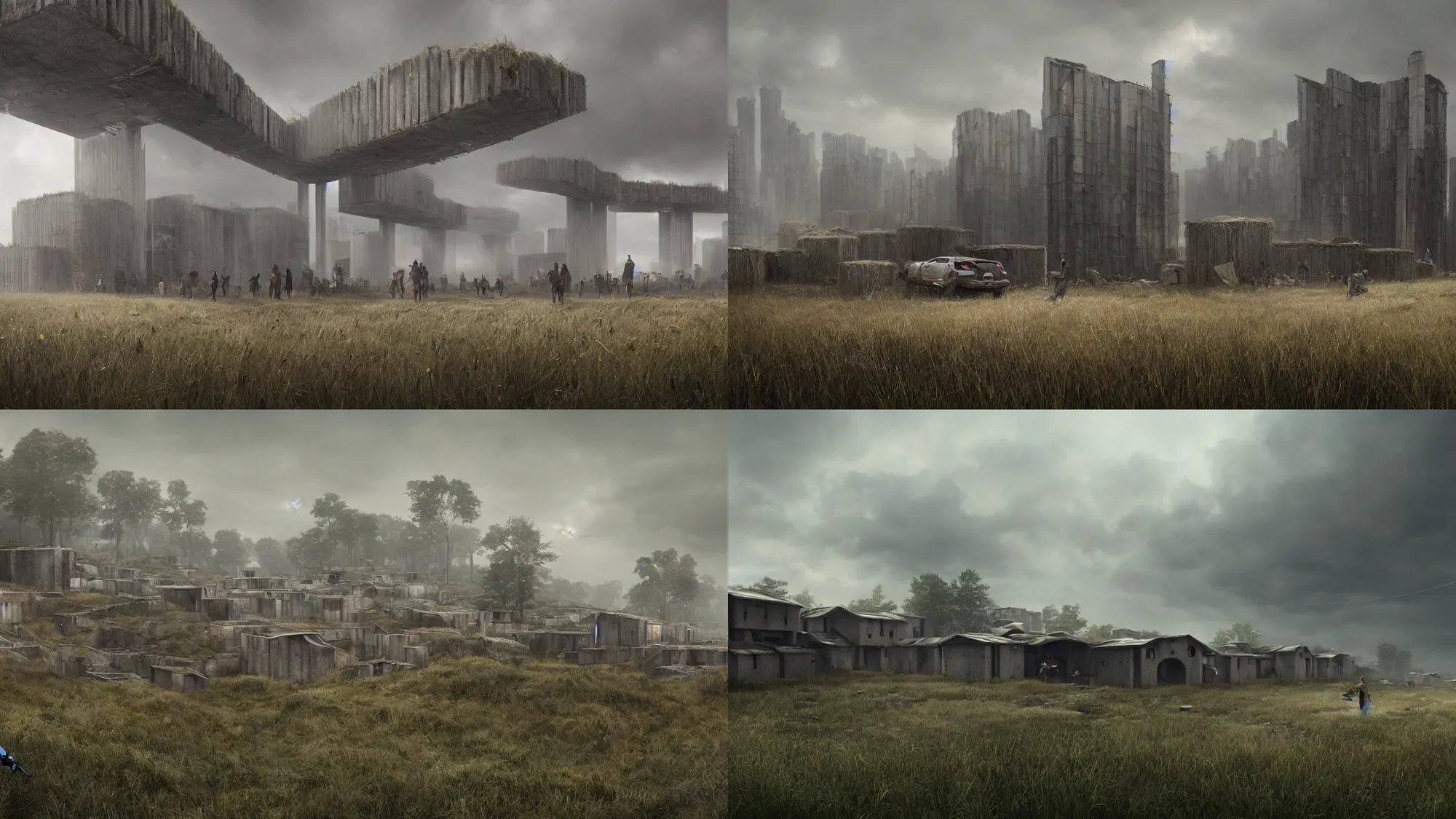 Prompt: giant dystopian walls of concrete surrounding a small clearing of grass and straw huts, huge walls stretching into the grey sky, octane render, 4 k, trending on artstation, award - winning, art by greg rutkowski