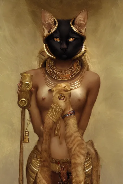 Image similar to portrait of the beautiful egyptian goddess, bastet, bast, woman / cat hybrid, soft torchlight in an egyptian tomb, digital art by ruan jia and mandy jurgens and artgerm and william - adolphe bouguereau, highly detailed, trending on artstation, award winning,